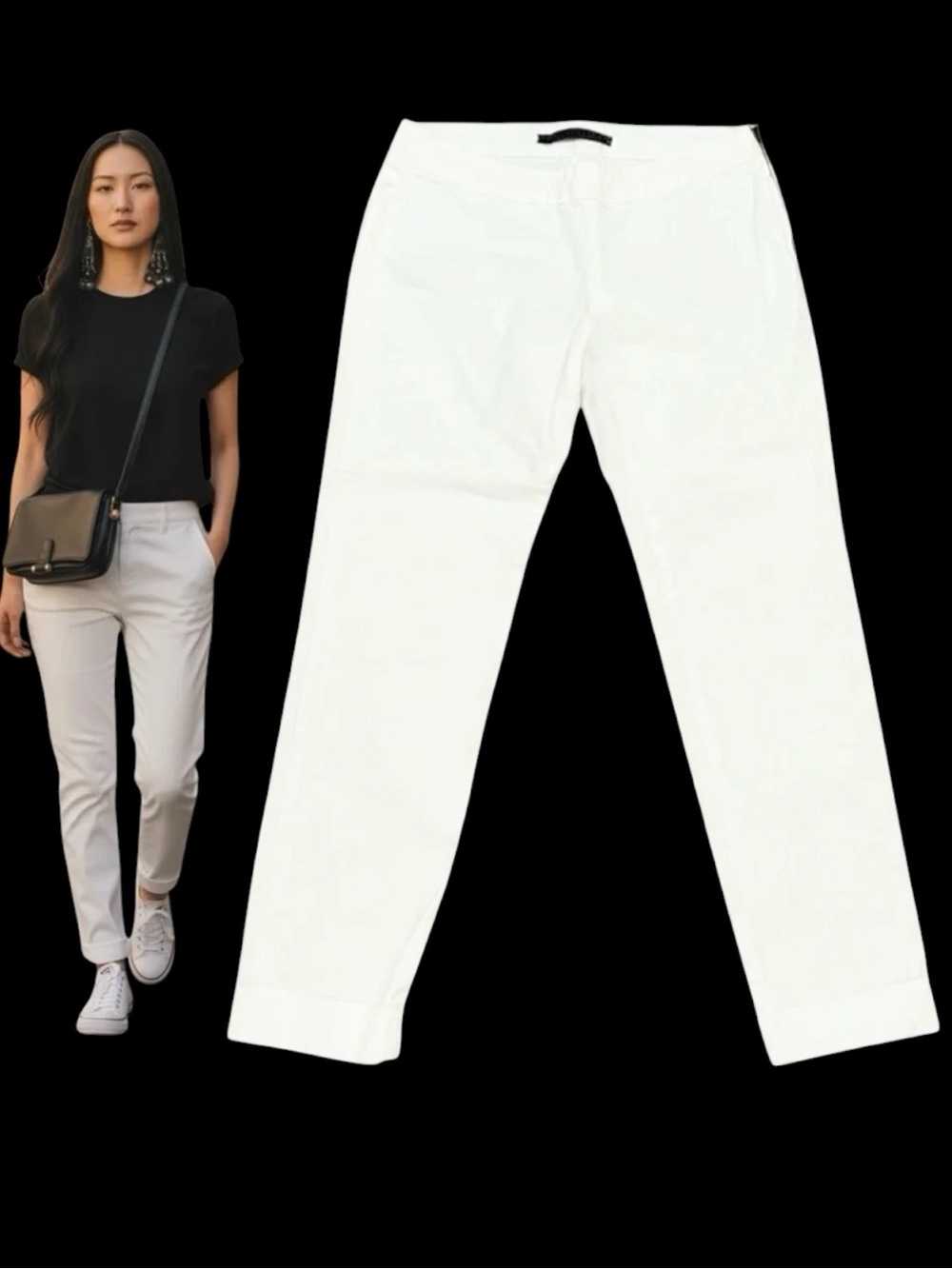 Zara Basic White Cotton Straight Leg Pants With Cuff Summer Ankle Length Size M